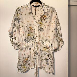 Zara Women White Floral Collared Cinch Waist Flowy Blouse Size Medium